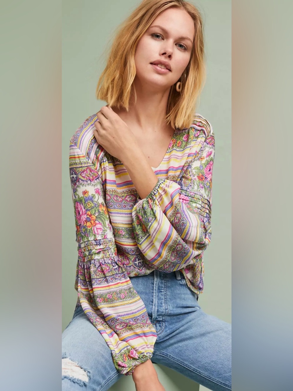 Anthropologie Mauve Floral Multicolor Women's Long Sleeve Top Size Small